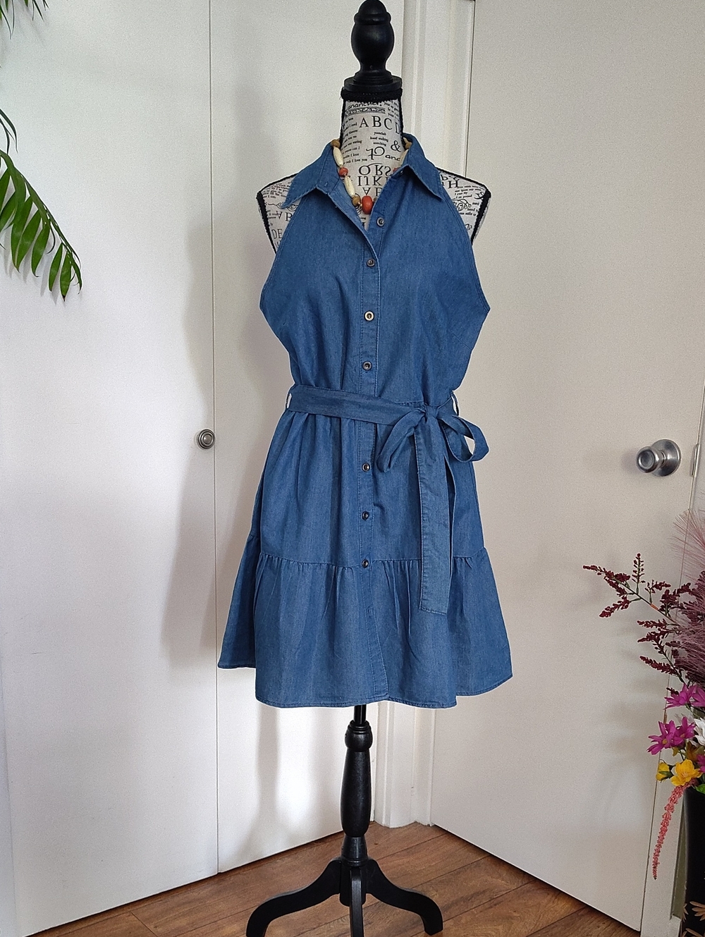 Speed Limit Denim Sleeveless Button Up Tiered Mini Dress Medium Belted NWT